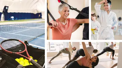 Image with various image boxes within of people doing sports and recreational activities.