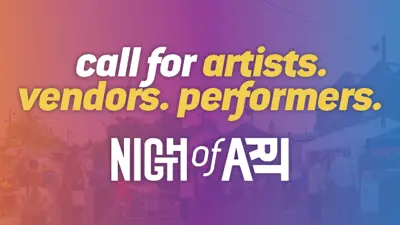 Text "Call for artists, vendors, performers. Night of Art" with event tents and people in the background.  