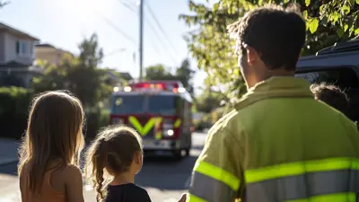 Image of two children standing outside next to a firefighter. There is a firetruck in the background.