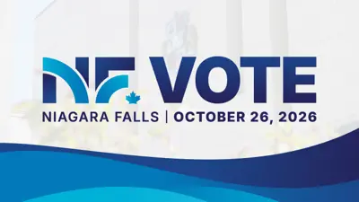 Decorative graphic of the City of Niagara Falls symbol logo with Vote October 26, 2026.