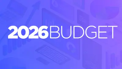 Graphic for 2026 Budget in white text on a purple background.  Images of computer, calculator and graphs are in the background.