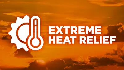 Extreme Heat Relief, white text on a hazy orange sky background.