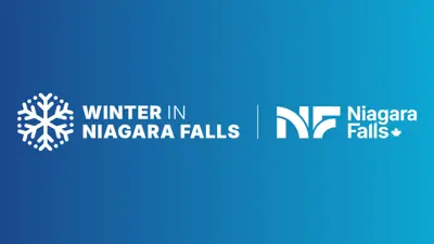 White decorative image of a snowflake with white text , "Winter in Niagara Falls" and the City of Niagara Falls white logo on a blue background