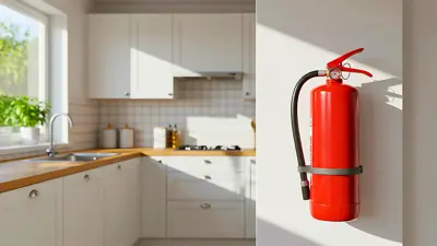 Photo of a red fire extinguisher on the wall close to the kitchen.