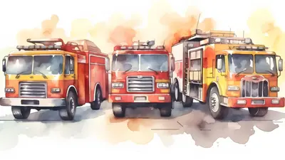 Water colour graphic of three fire trucks in a row facing foward.