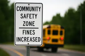 Community Safety Zone Fines Increased road sign, on a post next to a road with a school bus in the background.