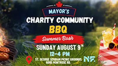 Mayor's charity BBQ summer bash Sunday graphic with burger patties on a grill and a picnic blanket with lemonade.