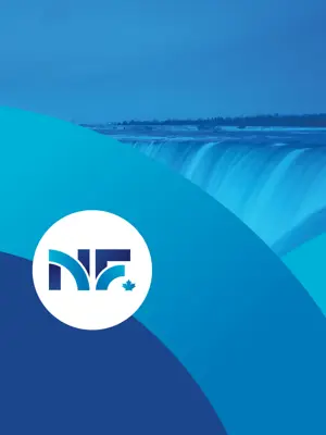 Graphic decorative image of the new logo in the foreground and blue falls in the background.
