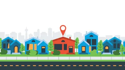 Decorative graphic of houses in a row with the City skyline in the background.