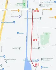 Base map showing the trail location in a red line. QR Code locations for #15, #16 and #17.