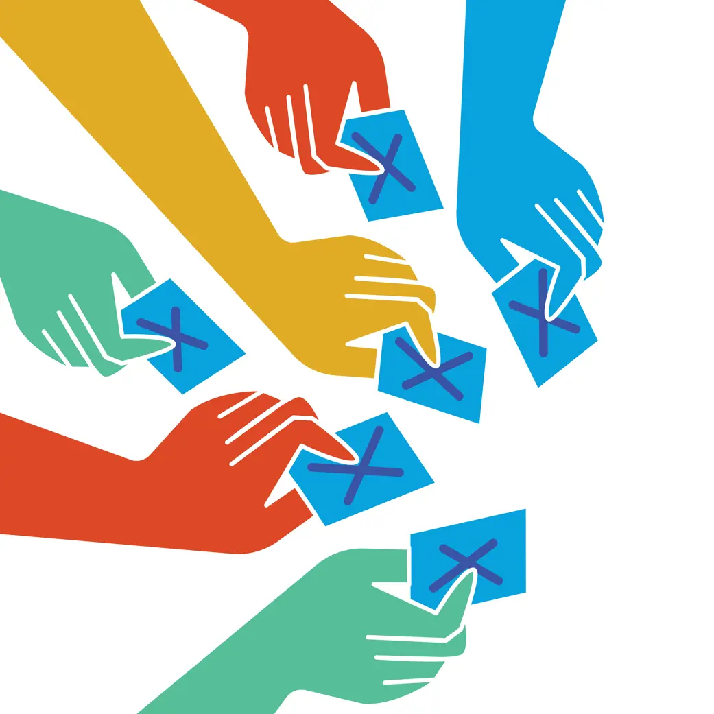 Blue, green and red hands picking up envelopes