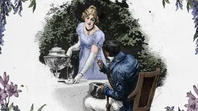 Old fashioned graphic of high tea with a lady and a gentleman in on outdoor garden setting.