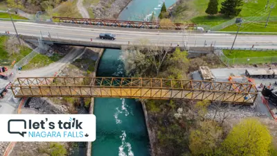 Aerial view of the pedestrian bridge going over the canal in Niagara Falls Ontario.