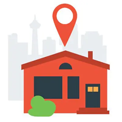 A graphic depicting a red house with a pin dropped over it