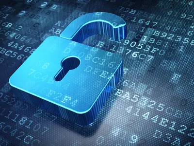 Blue open padlock on digital background.
