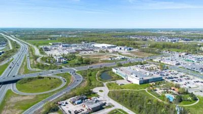 Commercial and industrial development near highway interchange