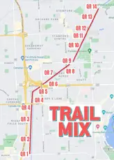 Base map showing the trail location in a red line. QR Code location markers for #1 through #14.