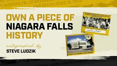 Decorative graphic stating "Own a piece of Niagara Falls history", with old photo of the Memorial Arena on yellow background.