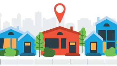 Decorative graphic of houses in a row