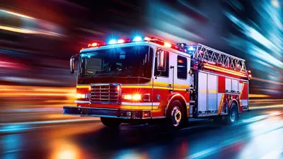Fire truck speeding through city streets at night with vibrant light trails.