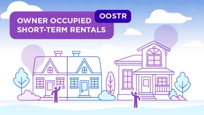 Decorative blue and purple artwork of homes on a street