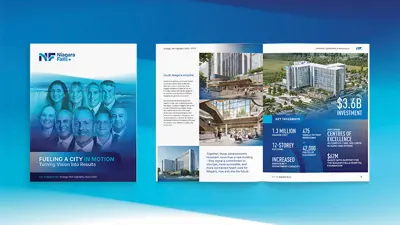 Front cover and an open page of the Strategic Plan highlights report, on a blue background.