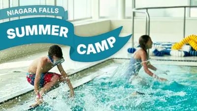 Niagara Falls Summer camp text with kids in swimming pool