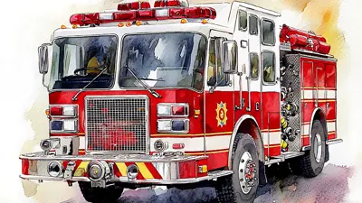 Water colour graphic image of a red fire truck that is front facing.