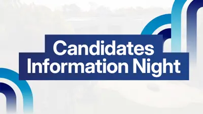 Candidates Information Night, text on blue background with decorative graphic.