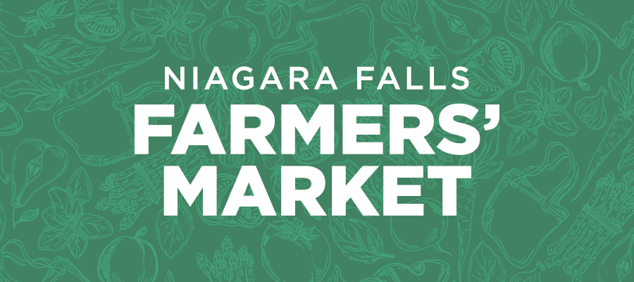 Decorative banner white text Niagara Falls Farmers' Market on green pattern background
