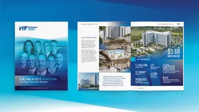 The cover and opened page of the Strategic Plan Highlights booklet, on a blue wavy background.