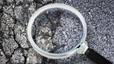 Damaged cracked asphalt road surface against an improved smooth asphalt road surface. The concept image seen through a magnifying glass.