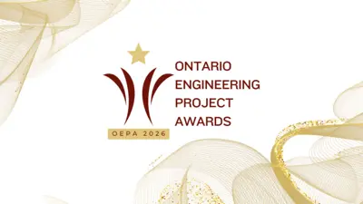 Ontario Engineering Project Awards 2026 logo on white and gold decorative background.