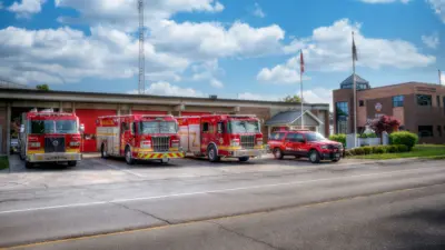 Niagara Falls Fire Department #1 and administration building with fire trucks parked out front.